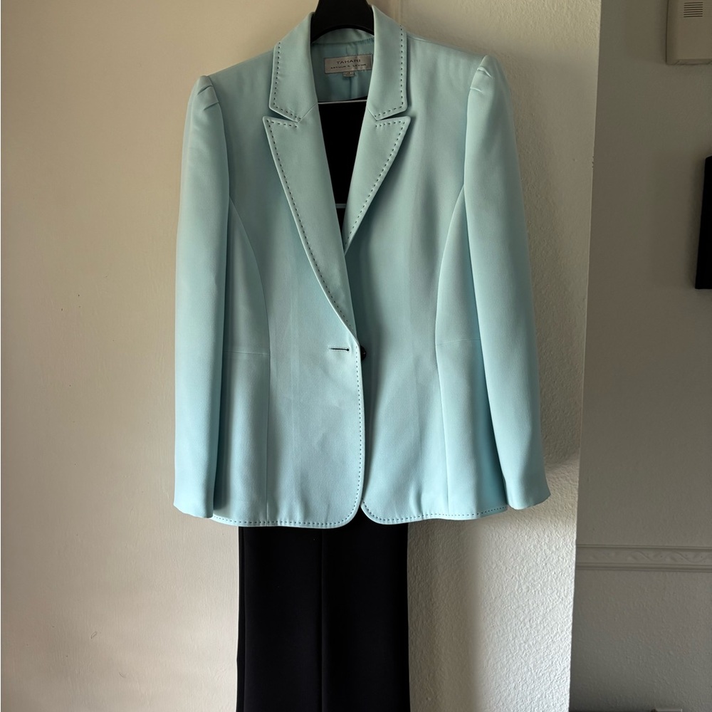 Tahari Blazer with Striped Tank Top and Black Slacks